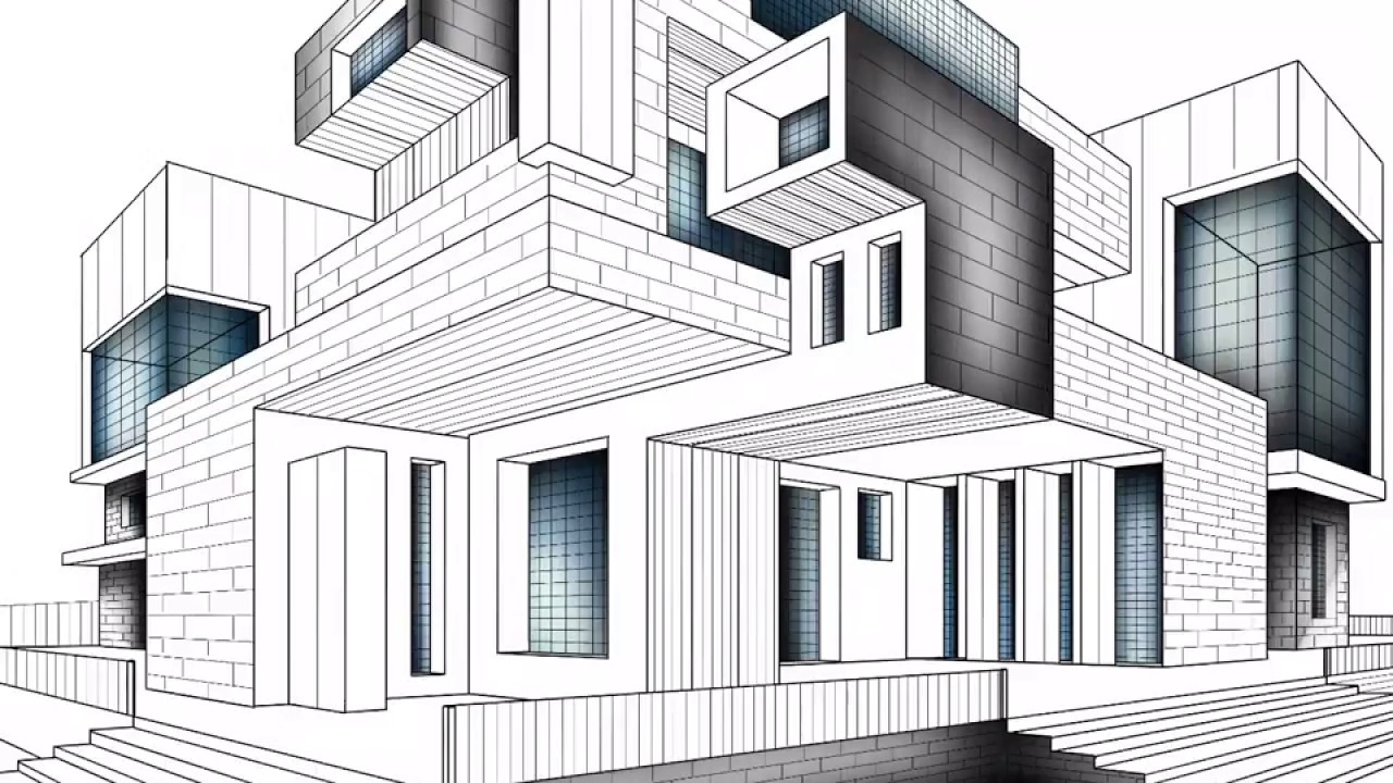 COMPLICATED ARCHITECTURE SKETCH. MODERN ARCHITECTURE DRAWING. PROCREATE