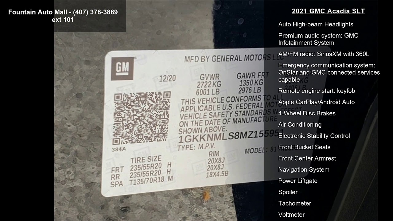 2021 GMC Acadia SLT Fountain Auto Mall Orlando, FL 32... YouTube