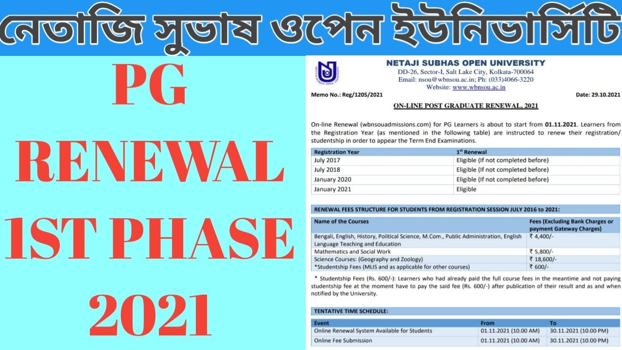 Pg renewal 2021 Nsou pg renewal 1st phase siksha bhumi institute