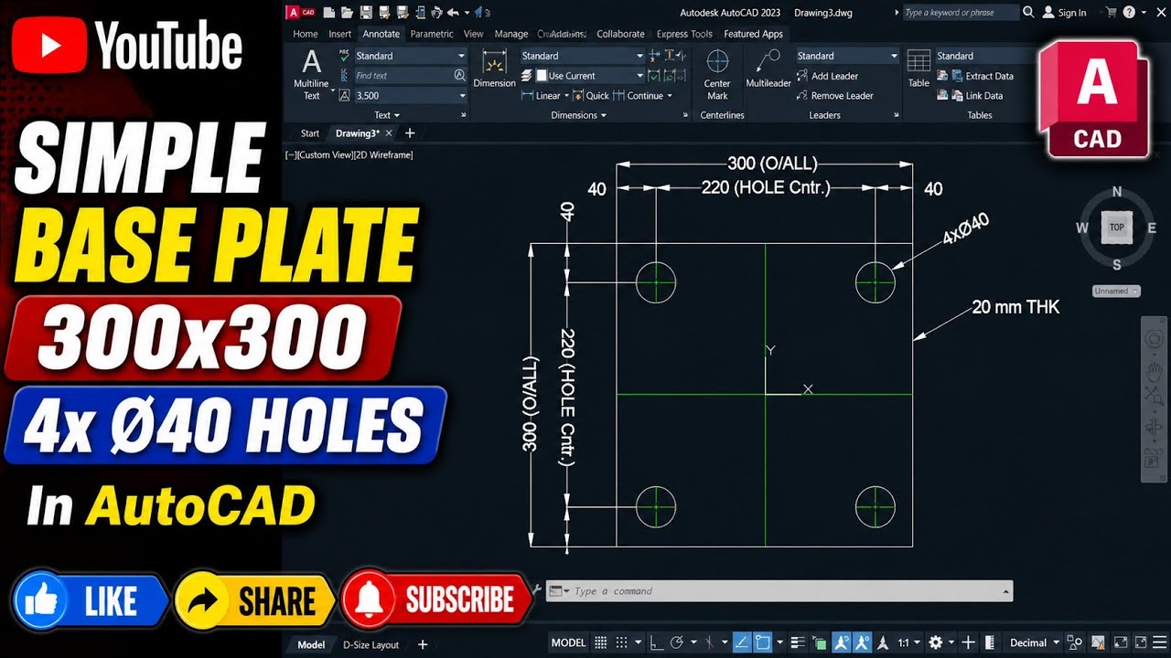 AutoCAD 2D: How to Draw 300x300 Base Plate with 40mm Holes | Basic ...