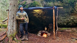 Building Bushcraft Shelter Under a Huge Rock - Collecting Birch Sap, Making Fish Trap, Catch & Cook