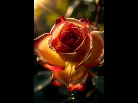 A macro shot of a golden-red rose, the petals of which slowly open in the warm light