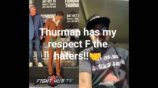 Keith Thurman Stands On A Chair To Look In Fundoras Eyes