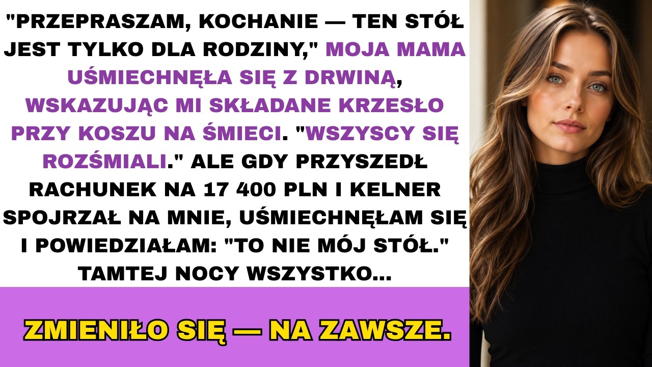 Kiedy mama wskazała składane krzesło obok kosza na śmieci, powiedziała tylko: „Ten stół jest tylko dla rodziny." Cała reszta się śmiała. Siedziałam tam cały wieczór, słuchając ich rozmów o...