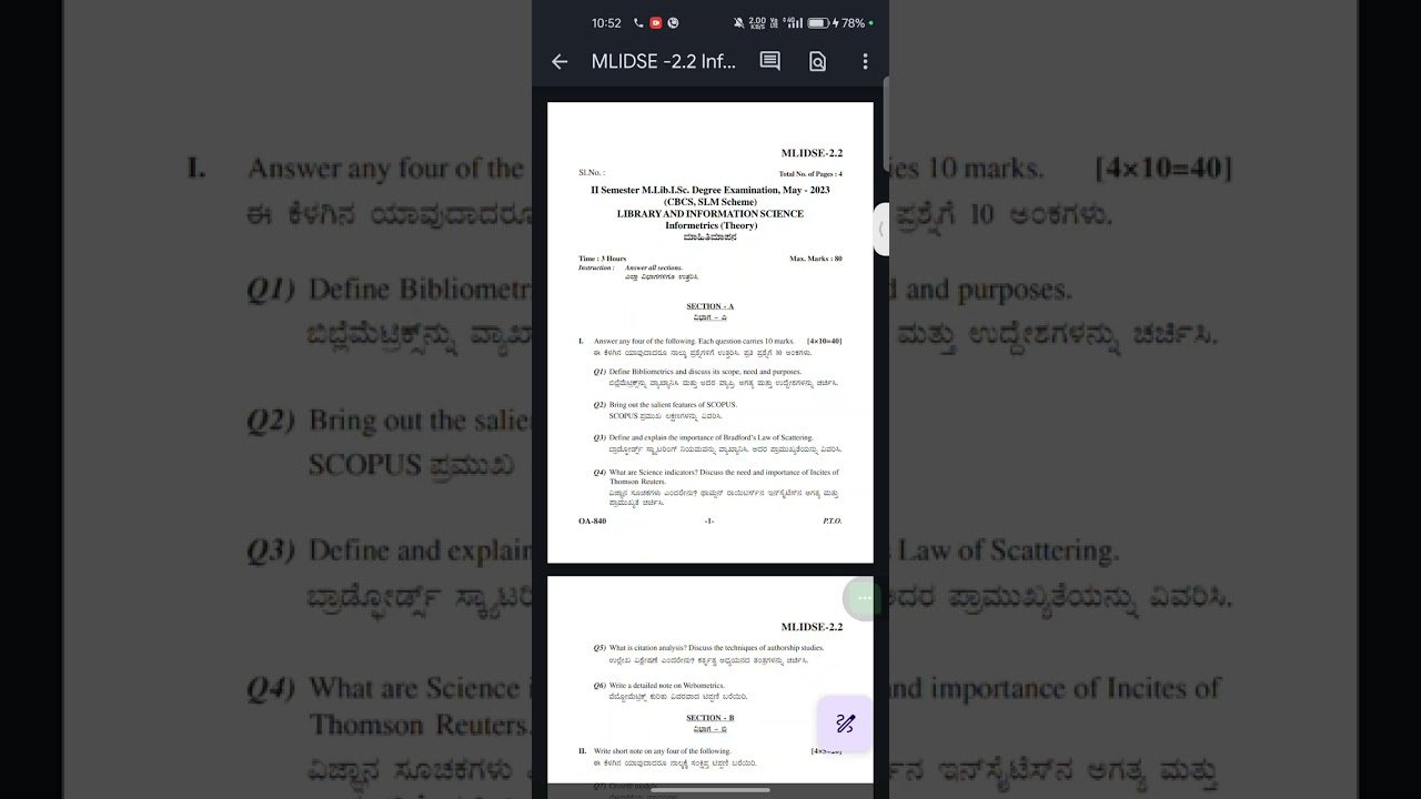 KARNATAKA STATE OPEN UNIVERSITY MLIB LIBRARY SEM-2 INFORMETRICS QUESTION PAPER 2023