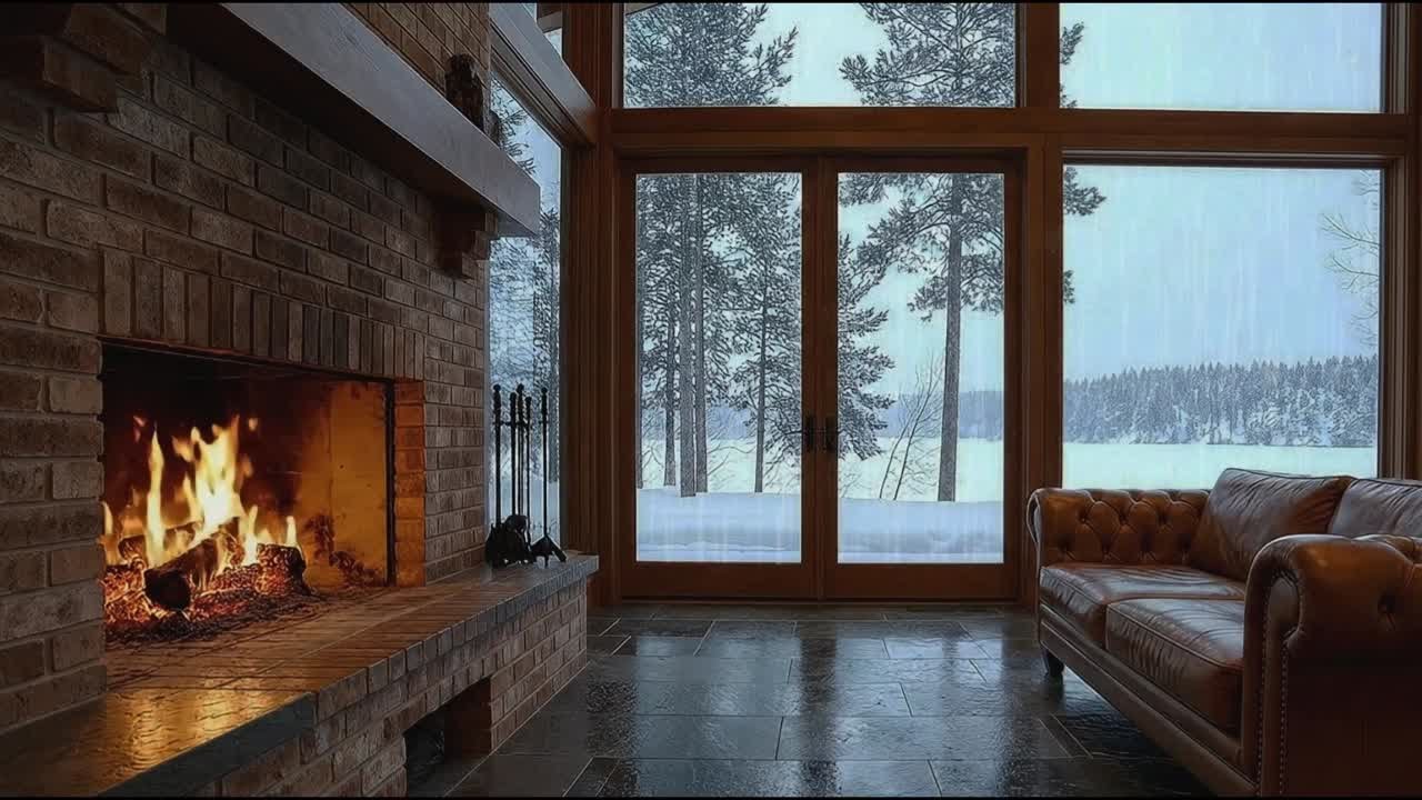 Cozy Cabin Fireplace Ambience with Snow Falling Sounds for Deep Sleep & Relaxation 🔥❄️
