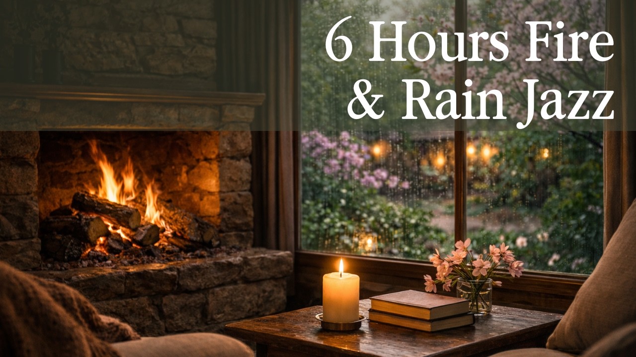 6 Hours Fireplace Jazz & Rain Sounds 🔥 Cozy Night Ambience