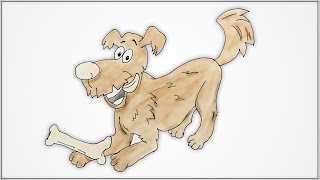 How to draw a Cartoon Illustration of Happy Playful Dog Comic Animal Character with Bone steps