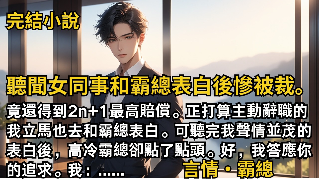 【完結小說】聽聞女同事和高冷霸總表白後慘被裁。竟還得到2n+1最高賠償。正打算主動辭職的我立馬也去和霸總表白。可聽完我的表白後，高冷霸總：我答應你的追求。#一口氣看完 #小說 #完結 #甜文 #霸總