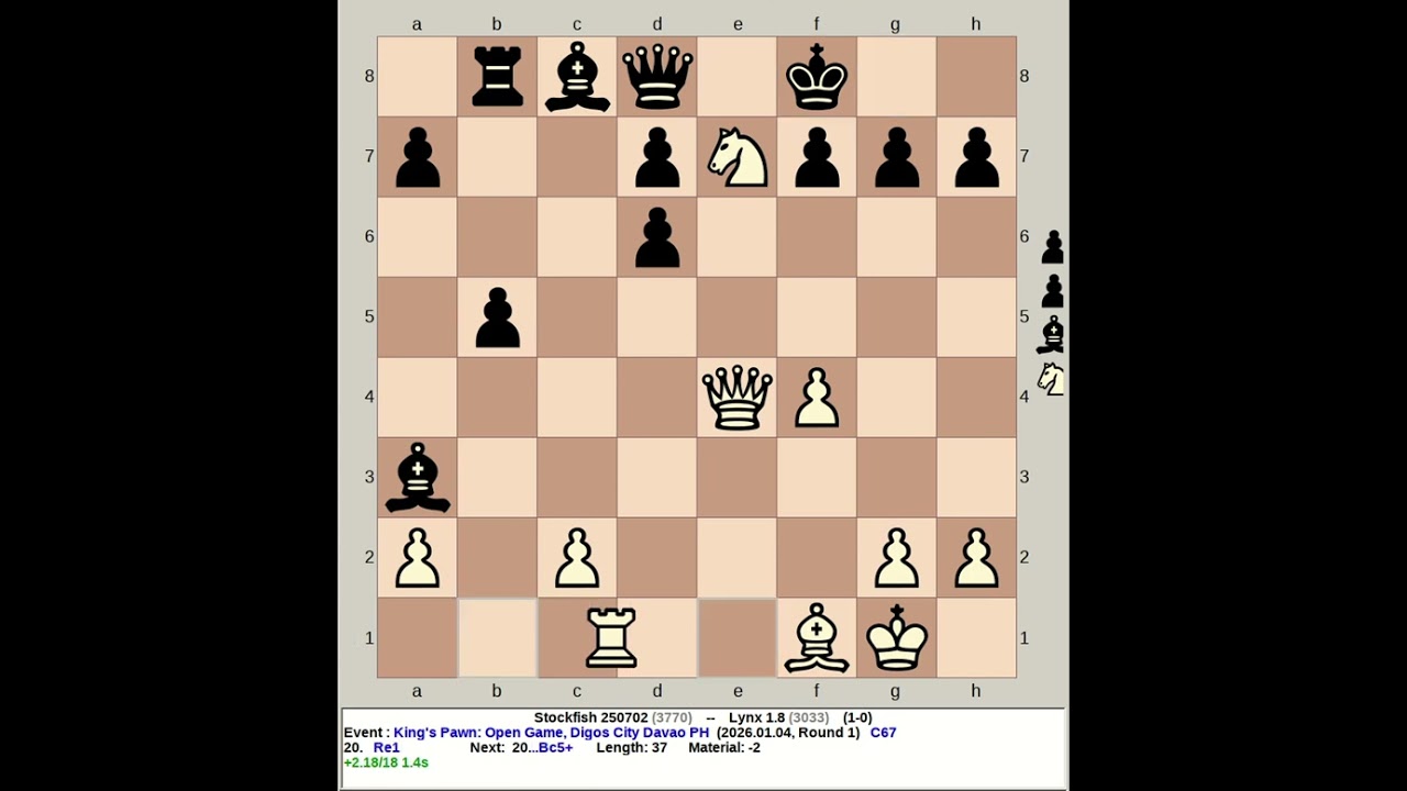 Stockfish 250702 vs Lynx 1.8 | King's Pawn: Open Game 