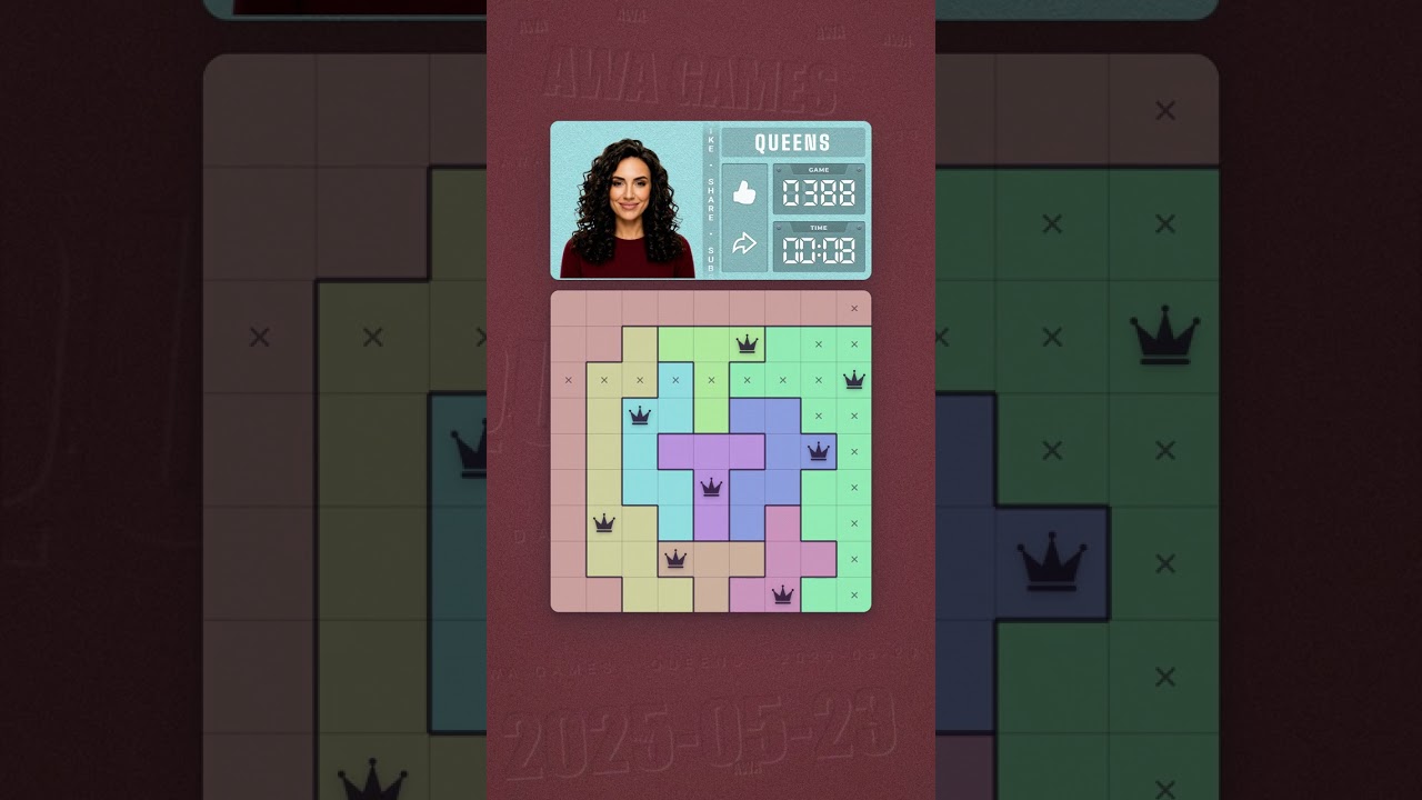 LinkedIn Queens #388 solved board for May 23, 2025, 9x9 grid