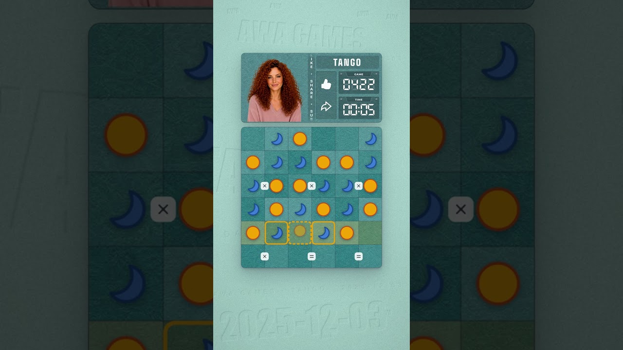 LinkedIn Tango #422 solved board for December 3, 2025, 6x6 grid