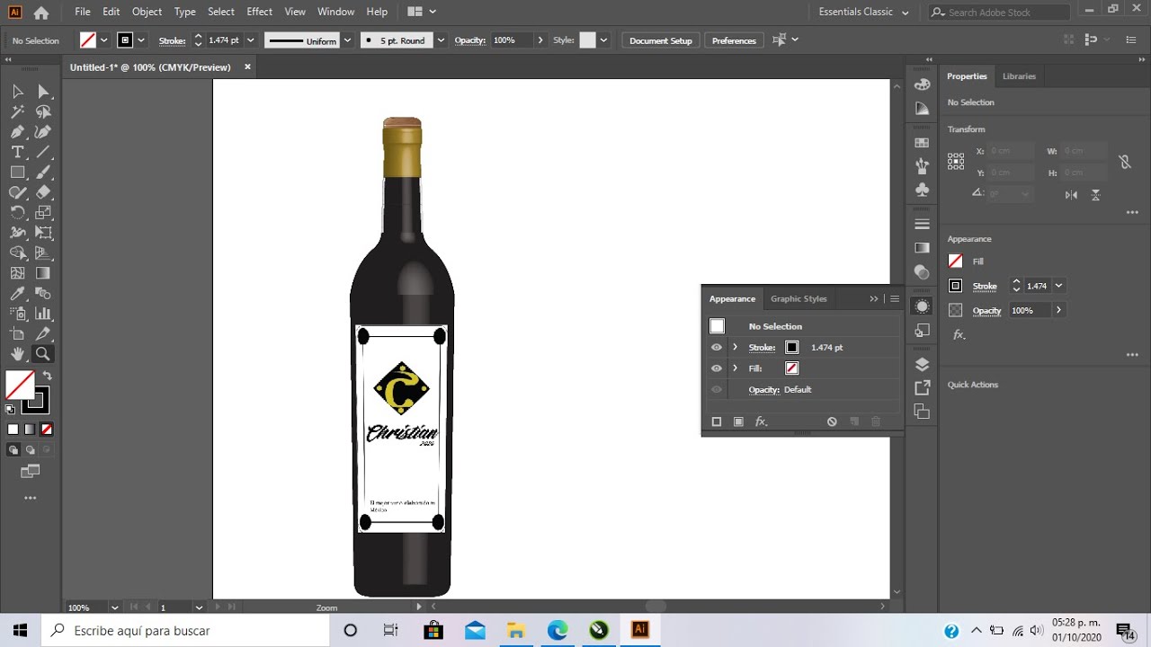 Practica de evaluación 1er parcial-Botella de vino en 3D en illustrator