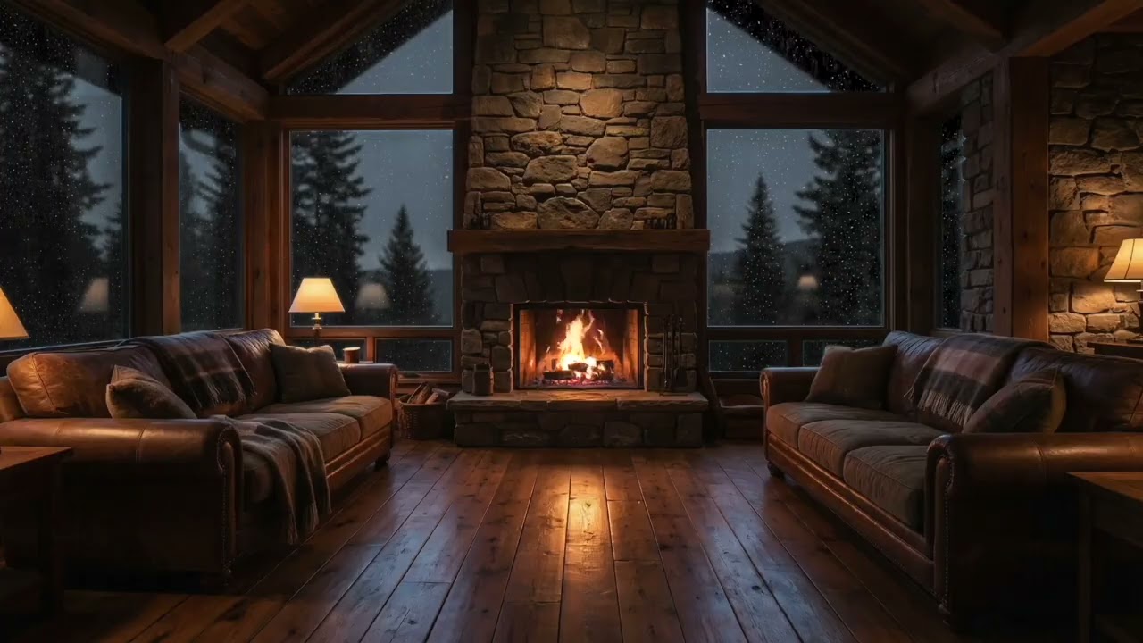Cozy Cabin Fireplace with Heavy Rain on Window • No Music • 8 Hours