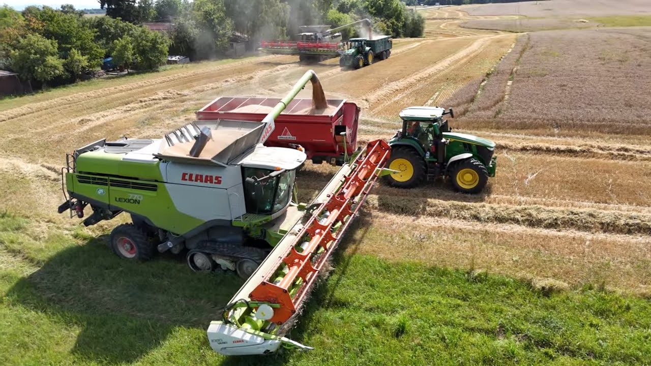 5 Kombajnů na jednom poli žně 2025 ZS Dynín a.s.