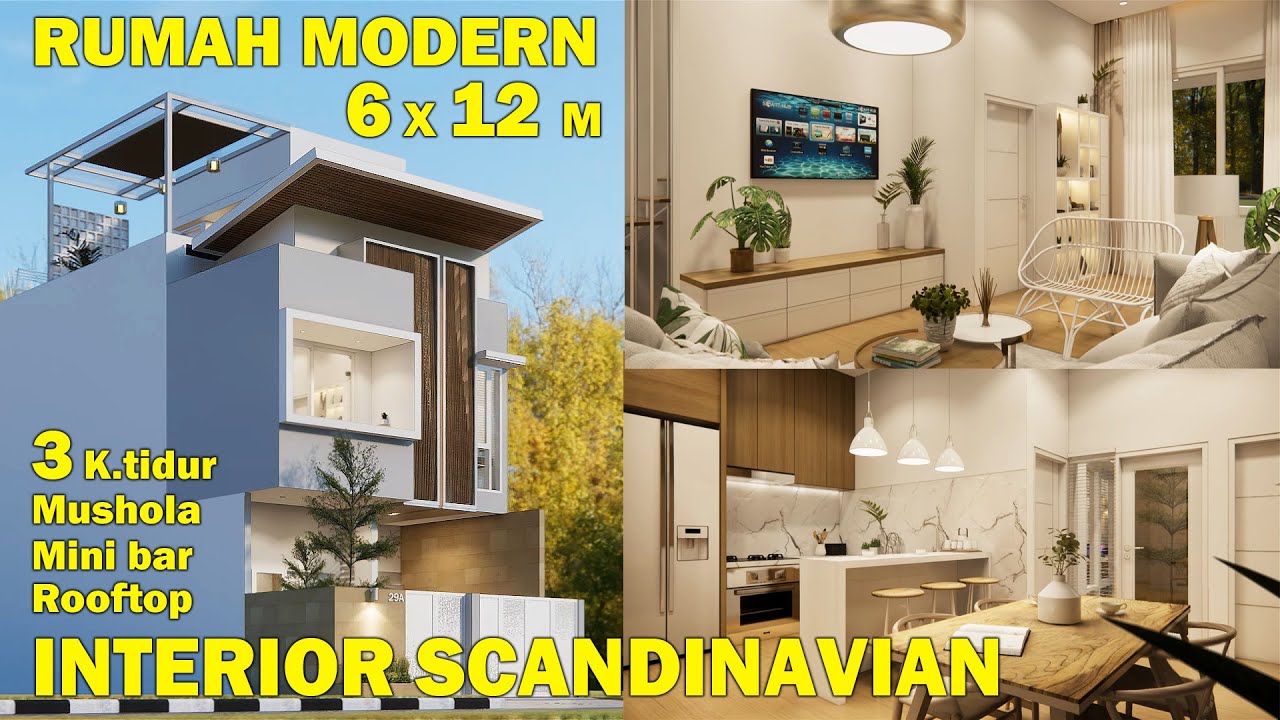 Desain rumah 6x12 m 3 kamar tidur mini bar mushola dan rooftop