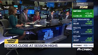 Major indexes close at session highs, rising slightly