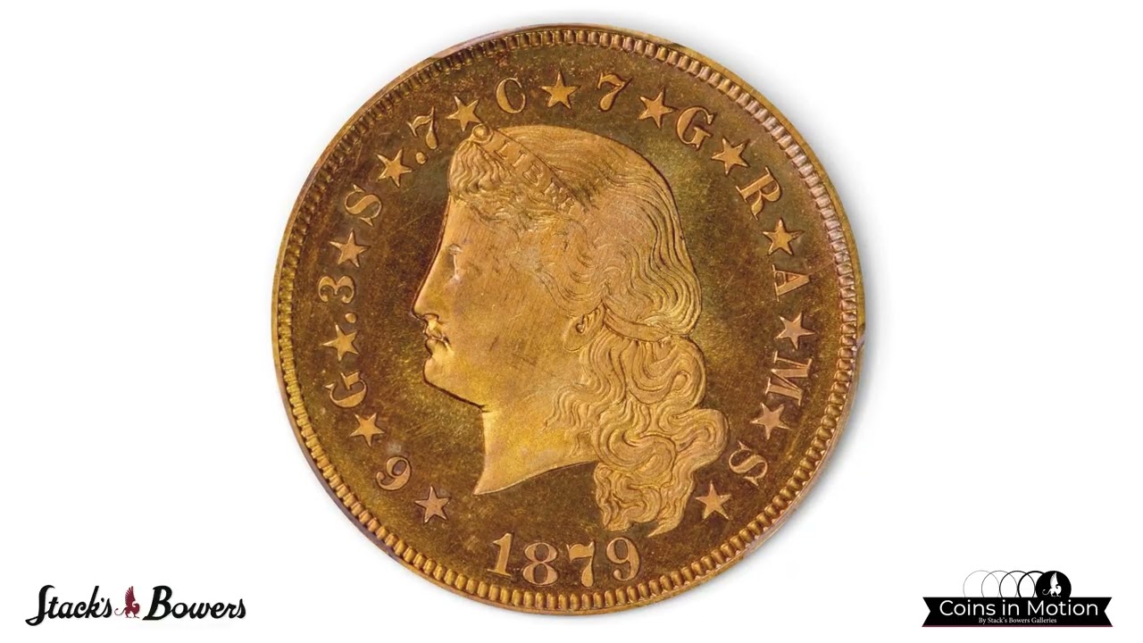 1879 Four-Dollar Gold Stella. Flowing Hair. Rarity-3. Gold. Reeded Edge. Proof-67 Cameo (PCGS).