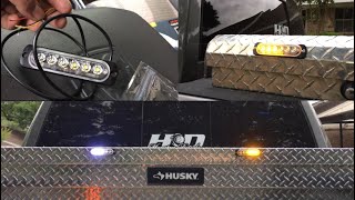 amber and white strobe lights installation on trucks toolbox