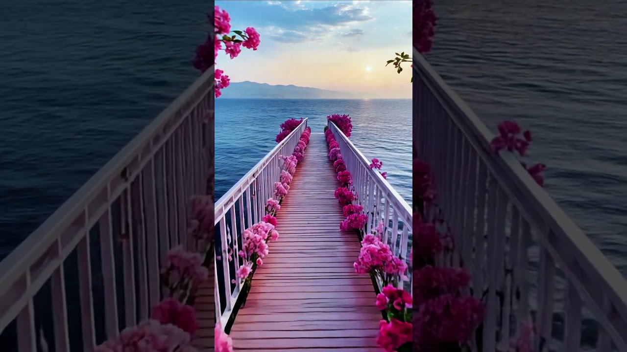Peaceful Floral Bridge Walkway | Pink Flower Path | Ocean Sunset Nature Relaxing Scenery 
