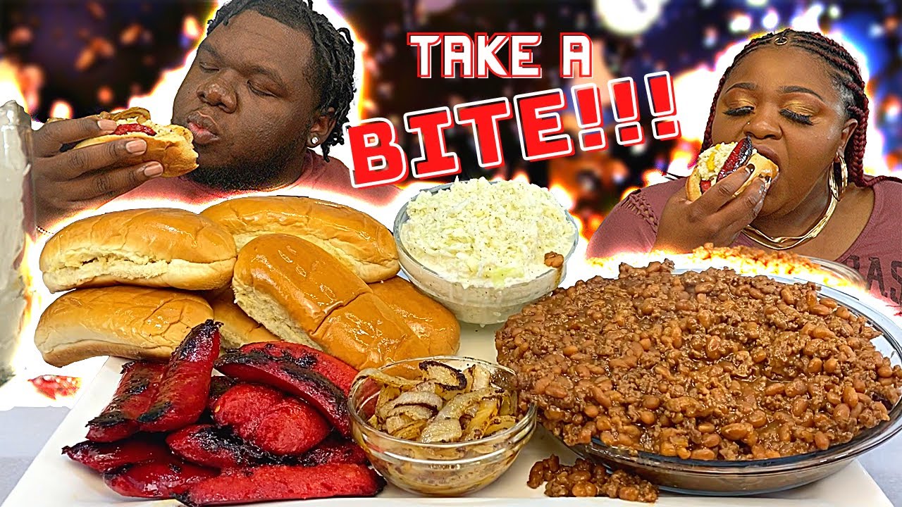BACKYARD BBQ MUKBANG!!! | RED HOT SAUSAGE DOGS + BAKED BEANS | EATING SHOW