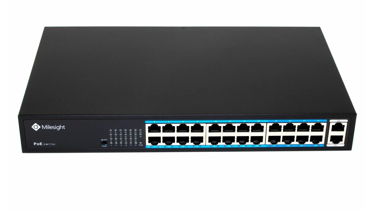 Milesight MS-S0224-GL：24個の10/100 Mbps PoEポートと2つの1000 Mbpsギガビットアップリンクポートを備えたラックマウント対応PoEスイッチ。前面パネルにはPWR、Link、PoEの動作状態を示すLEDインジケーターが整然と並び、堅牢なメタルハウジング内部には大容量給電を支える冷却ファンを1基搭載したプロフェッショナル仕様のネットワーク機器。
