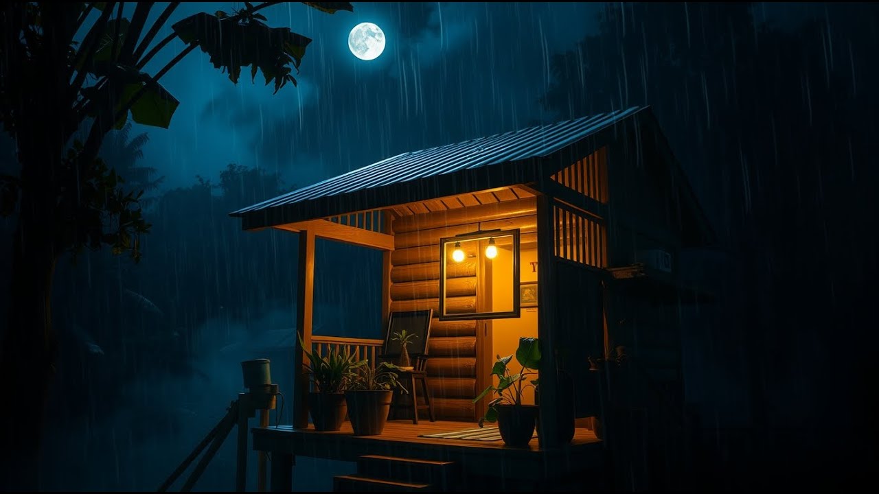 NIGHT RAIN & GENTLE THUNDER AT A COZY WOODEN CABIN – DEEP SLEEP ...