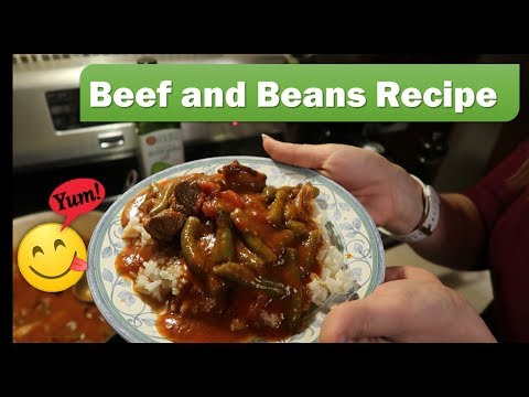 Beef and Beans Recipe - Beef and green beans in tomato sauce over rice
