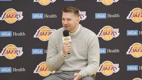 Luka Doncic speaks to Mavs fans during Lakers introductory press conference
