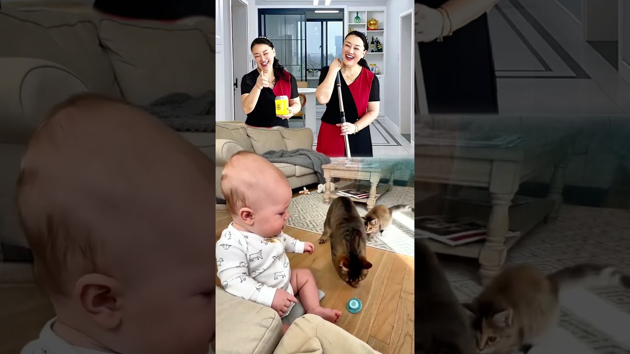 Baby playing with cat is so funny!!๐ ๆณฃใ่ตคใกใใใ่ฆใฆๅฉใใซๆฅใๆฏ็ซใๅฏๆใใใใ๐คฃ๐
