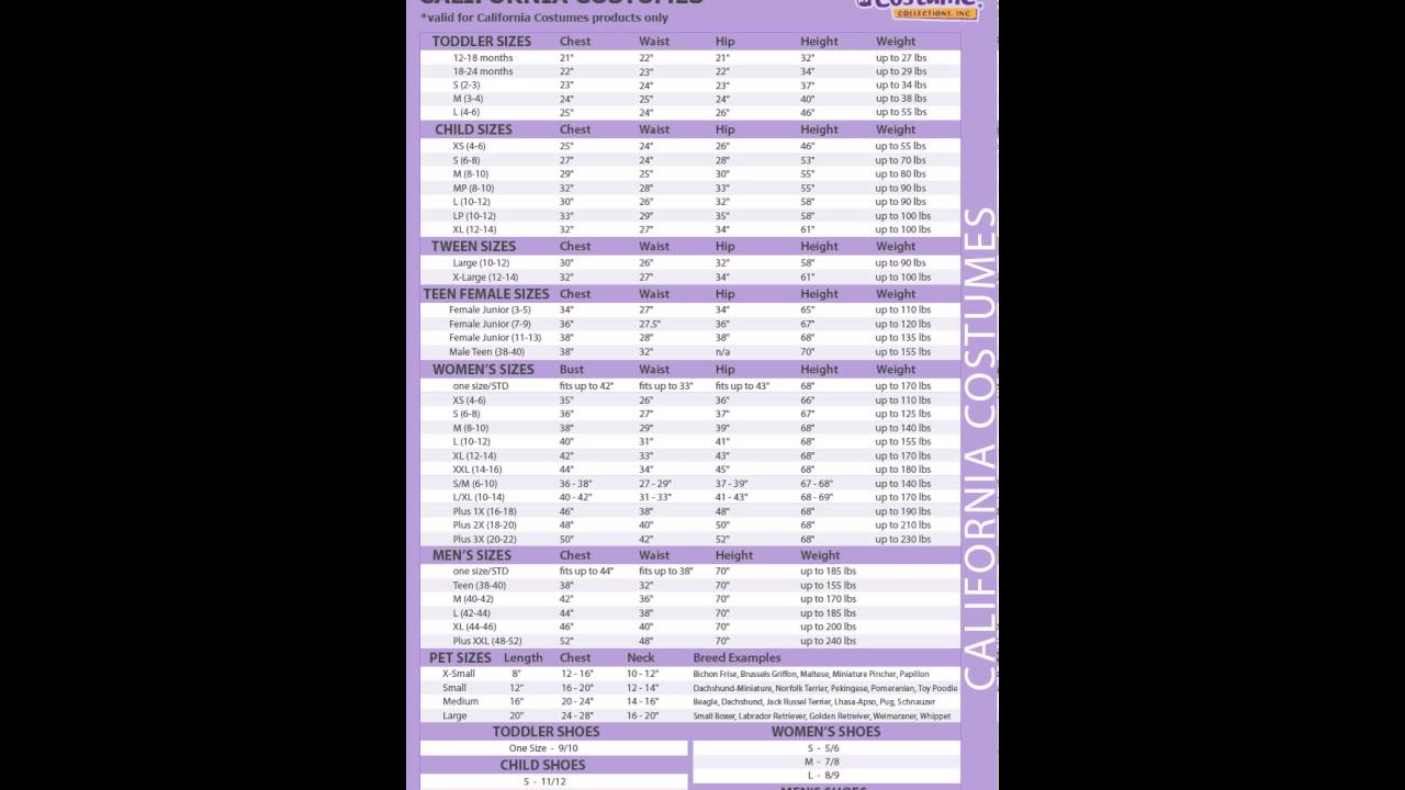 California Costumes Size Chart