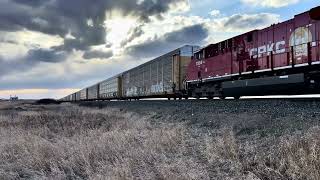 T4’s all the way ! CPKC 7503 leads an eastbound auto rack on the Brooks sub near Strangmuir, AB