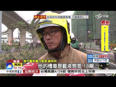 驚!後輪突爆胎起火 化學槽車陷火海│中視新聞 20170329