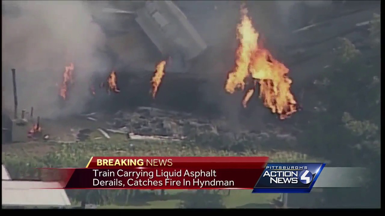 Train cars with hazardous materials on fire after derailment in Bedford County, Pennsylvania