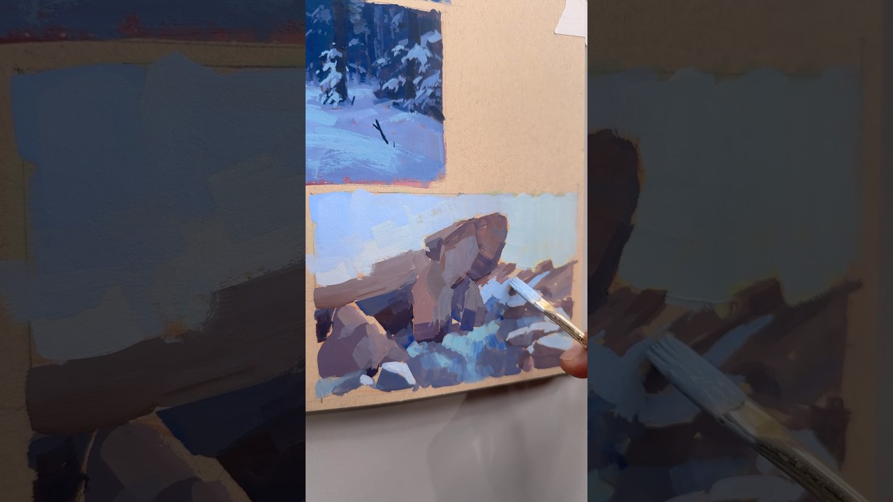 Snowy rocks at twilight. 