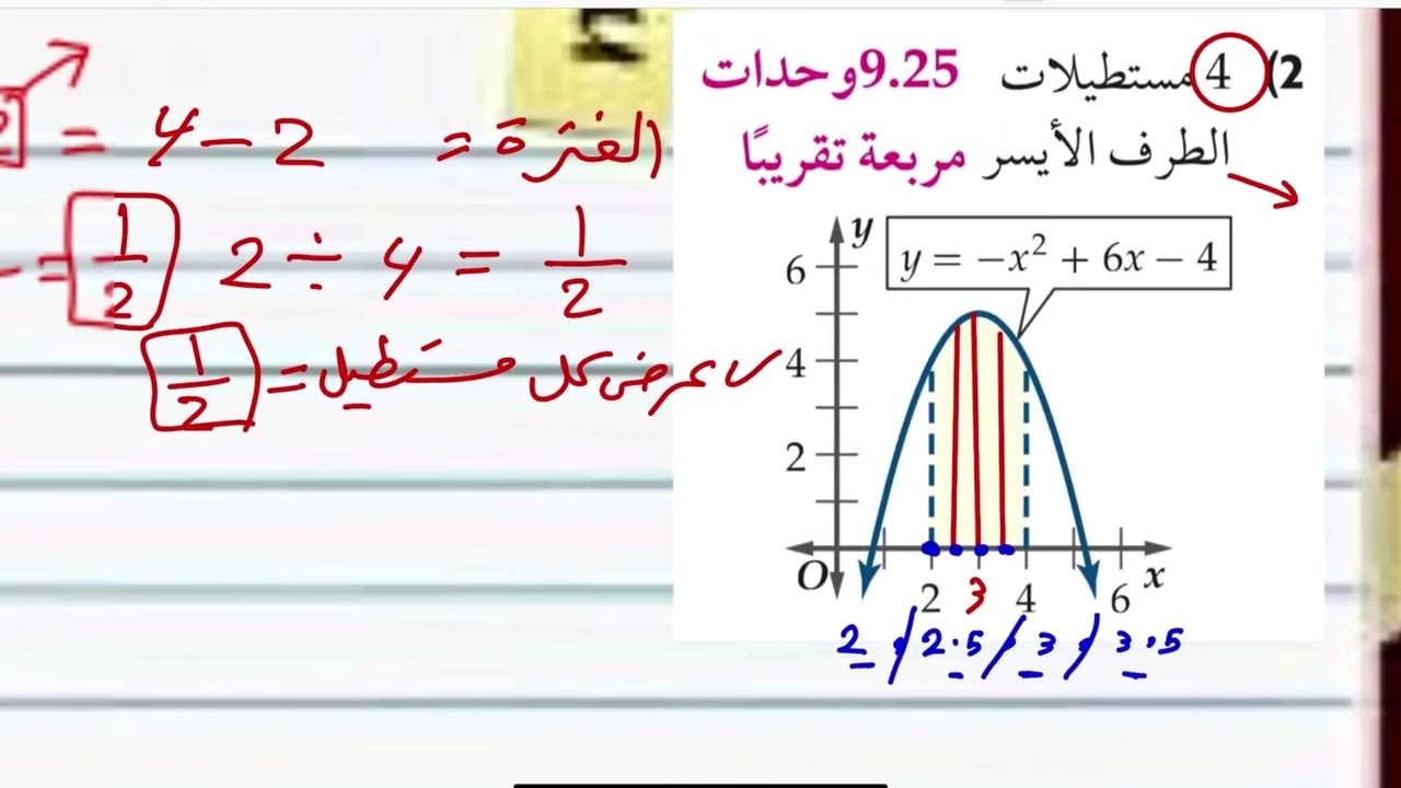 تدرب وحل مسائل درس  المساحة تحت المنحنى والتكامل  رياضيات ثالث ثانوي الجزء الأول