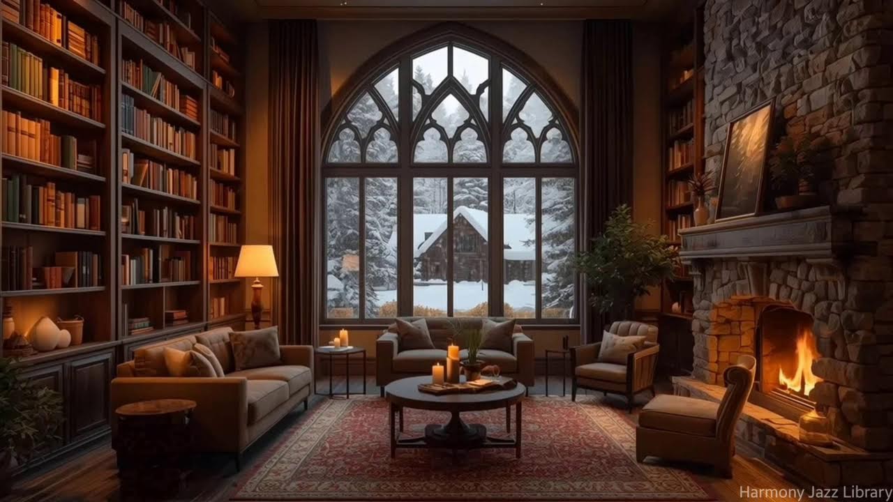 Calming Winter Jazz Snowy Cabin Library Retreat for Reading Comfort, Warm Lights & Quiet Focus