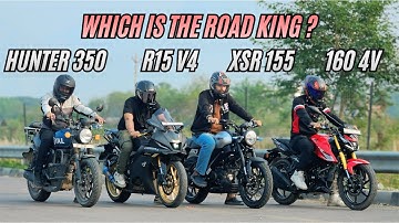 Yamaha Xsr 155 vs Hunter 350 vs 2025 Apache rtr 160 4v vs R15 v4 🔥 | Amazing quad battle 😍