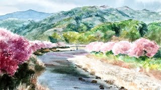 水彩画の制作手順「河津桜の風景」／How to Paint Scenery of Kawazu