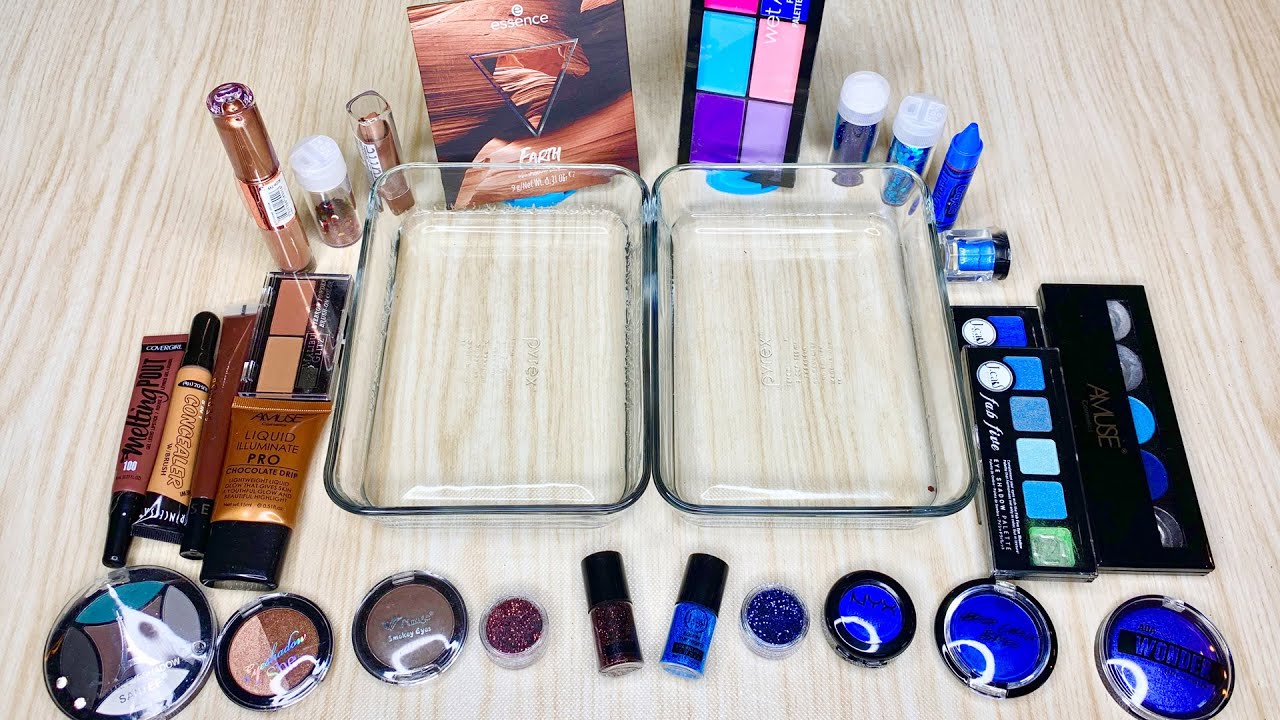 Brown vs Blue - Mixing Makeup Eyeshadow into Slime - Two Color Slime Series - ASMR  Satisfying Slime