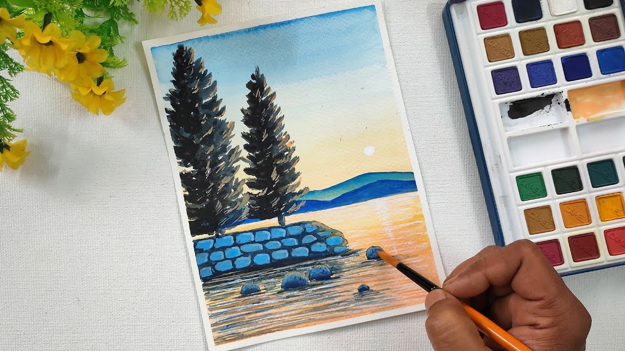 Easy Riverside Scenery Drawing Watercolor Painting - Landscape Painting