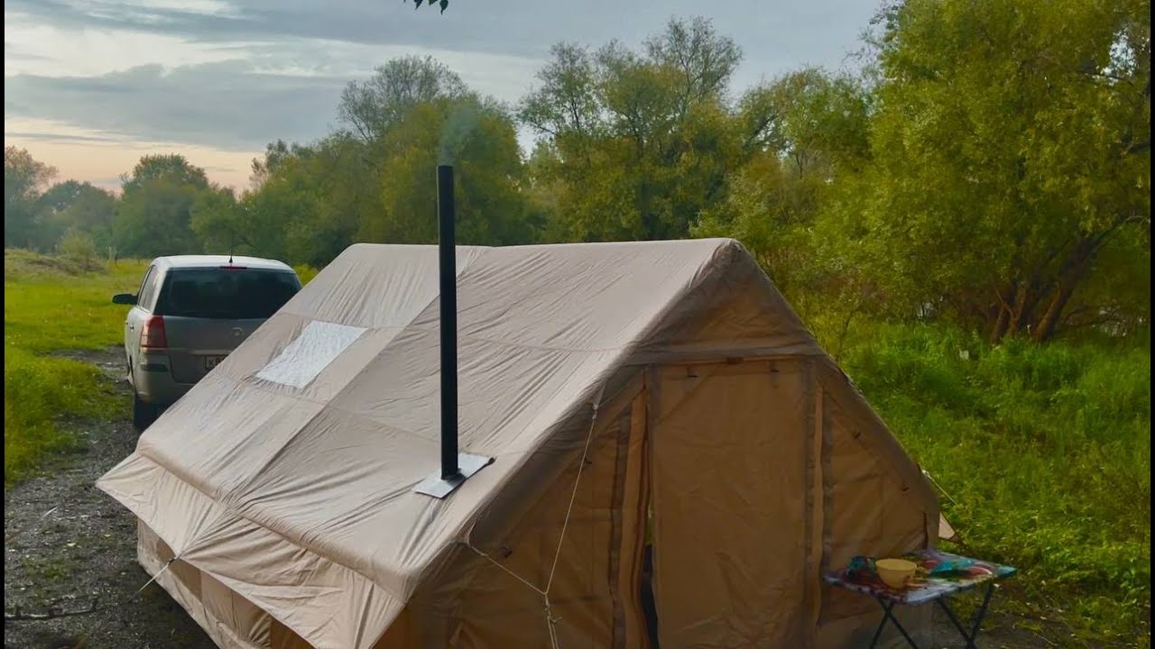 Холодная ночь с новой печкой на рыбалке у реки всей семьей.Обзор печи.