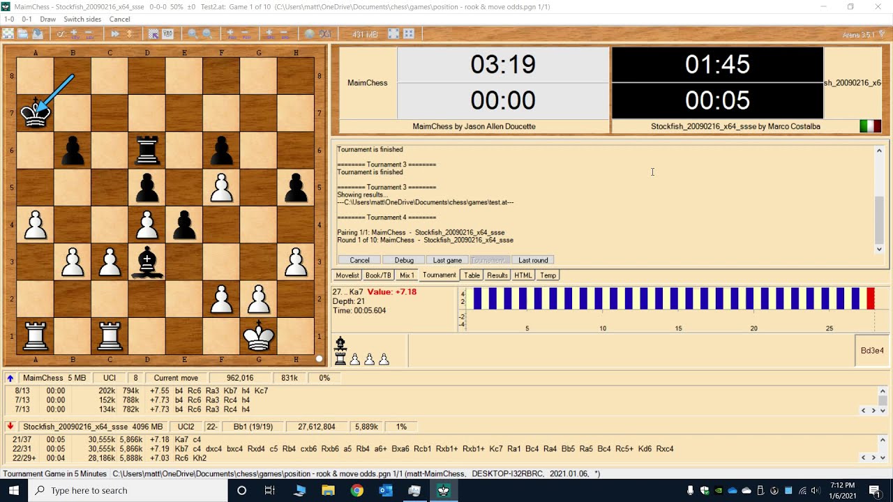 Chess - Maim v1.13 vs. Stockfish 12 (rook + move odds; 5m0s) (1-0)