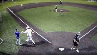 Base Invaders' #81 hits RBI ball that bounces off 3rd base vs. Blue C at Berliner Park in Columbus
