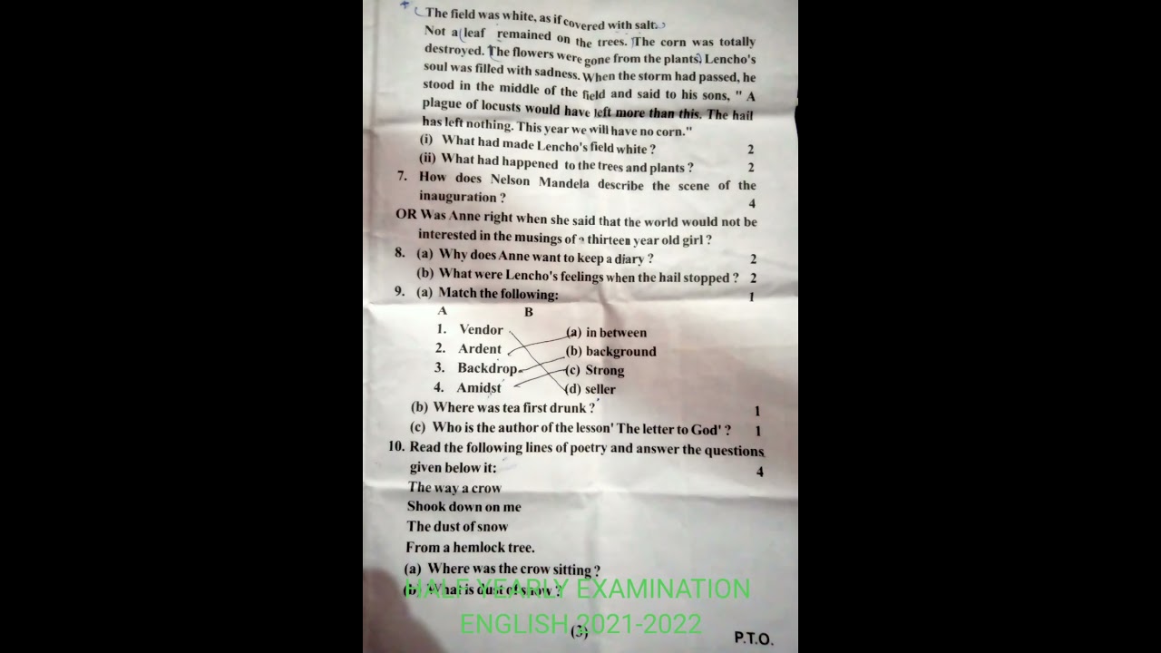 HALF YEARLY EXAMINATION ENGLISH 2021-2022 QUESTION PAPER