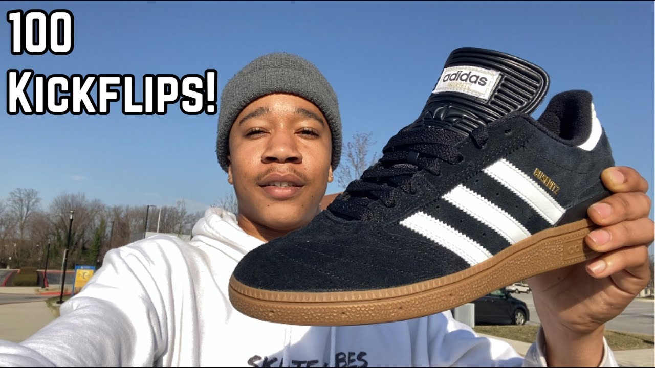 Busenitz Pro skate shoe review! My first time skating Adidas (100 Kickflip Test) -