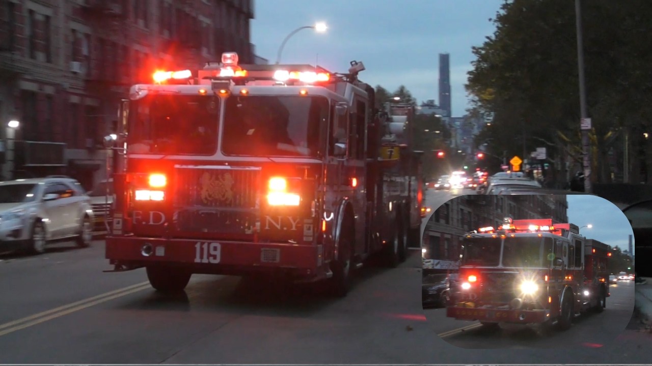 Пожарная бригада FDNY Tower Ladder 119 и Squad 1 реагируют на вызов 10-75