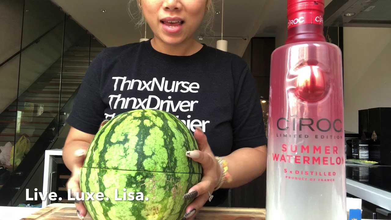 Adult watermelon JellO shots in watermelon rinds w/ Ciroc summer