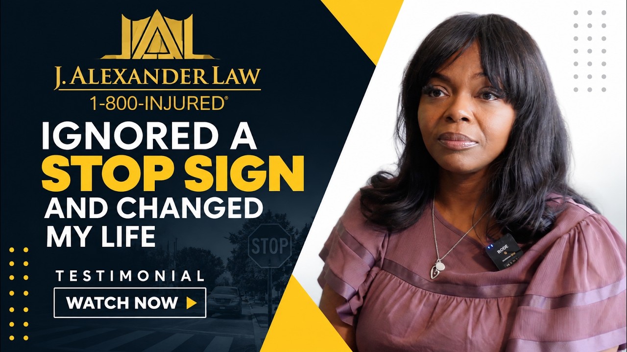 Tanisha, a J.&nbsp;Alexander Law Firm client, beside the firm&rsquo;s logo and 1-800-INJURED in the title frame of her testimonial video