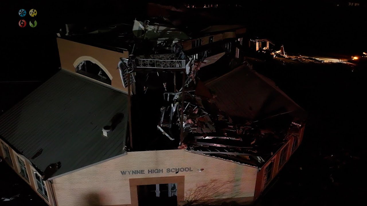 Extreme Tornado Damage - Wynne, AR after the sun goes down.